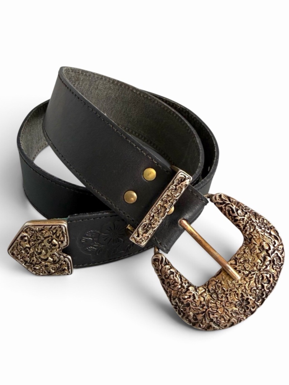 AXCESS Black Leather Belt M Ornate Gold Tone Floral Buckle Made in Italy